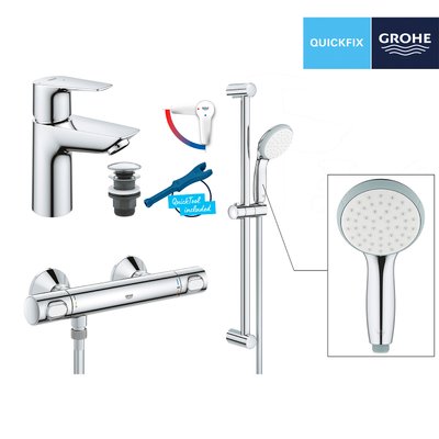 Набір змішувачів Grohe Quickfix термостат для душу з душовим гарнітуром Precision Flow THM та змішувач для раковини StartEdge S-Size UA202503TE CV030628 фото