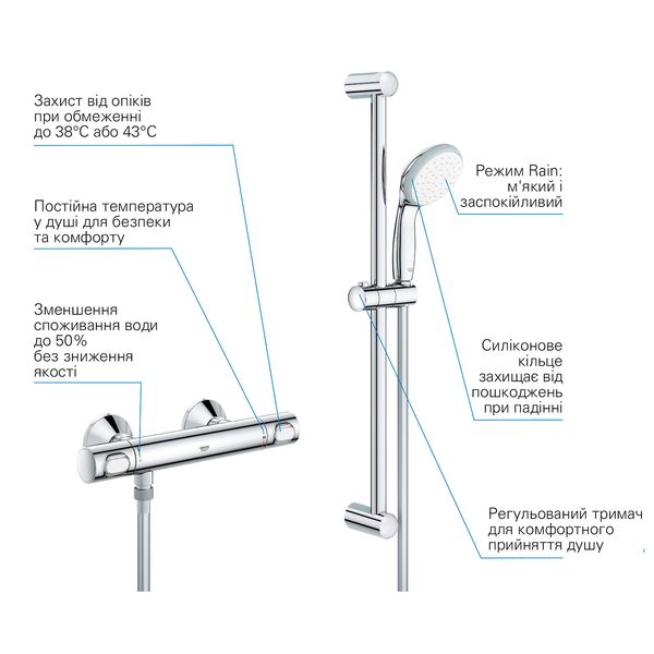 Набір змішувачів Grohe Quickfix термостат для душу з душовим гарнітуром Precision Flow THM та змішувач для раковини StartEdge S-Size UA202503TE CV030628 фото