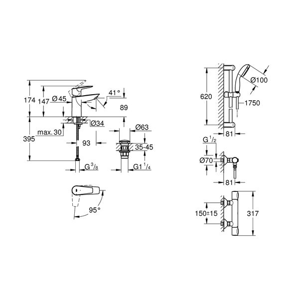 Набір змішувачів Grohe Quickfix термостат для душу з душовим гарнітуром Precision Flow THM та змішувач для раковини StartEdge S-Size UA202503TE CV030628 фото