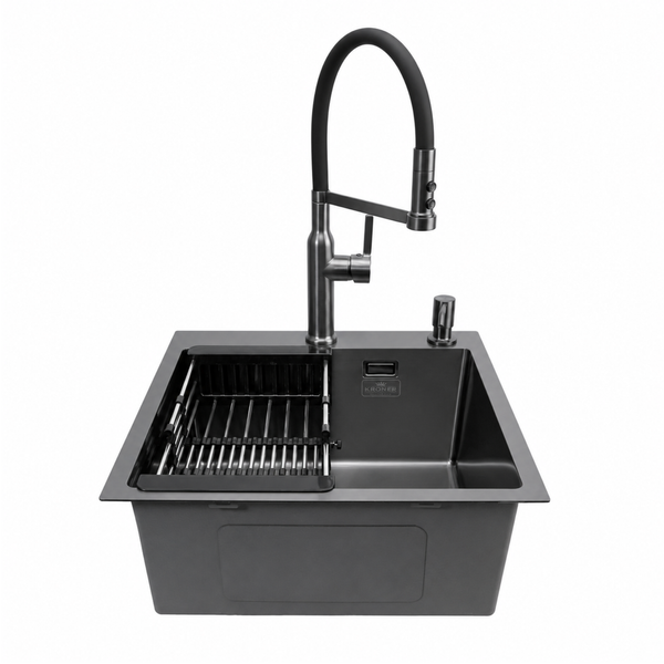 Комплект кухонной мойки Kroner KRP Schwarze 50х50HM PVD ST07 Grafite SL43840 фото