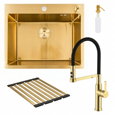 Комплект кухонної мийки Platinum 60*50 PVD ST4313 Gold  SL2355 фото