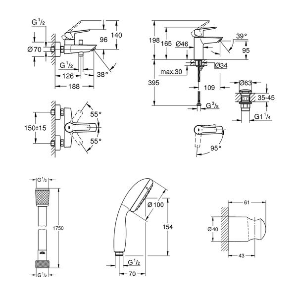 Набір змішувачів 3 в 1 для ванної кімнати Grohe QuickFix Start Black UA303301SQ CV032757 фото