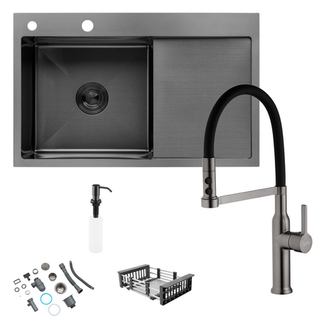 Комплект кухонної мийки Kroner KRP Schwarze 78х49LHM PVD ST07 Grafite SL44791 фото